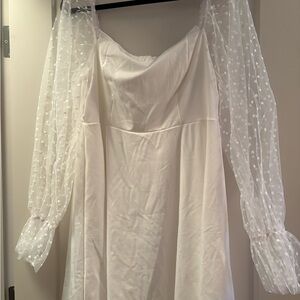 White Bachelorette Dress with Sheer Polka Dot Sleeves